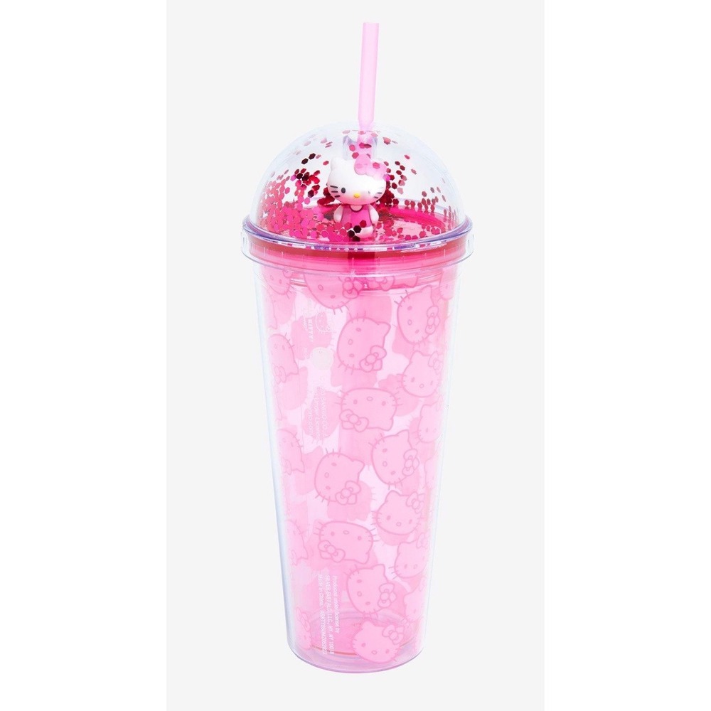 Hello Kitty Pink Dome‎ Top Cup Tumbler With Straw Acrylic Glitter New